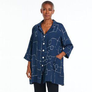 Chalet et Ceci Navy Blue White Abstract Lagenlook Linen Button Down Tunic XL